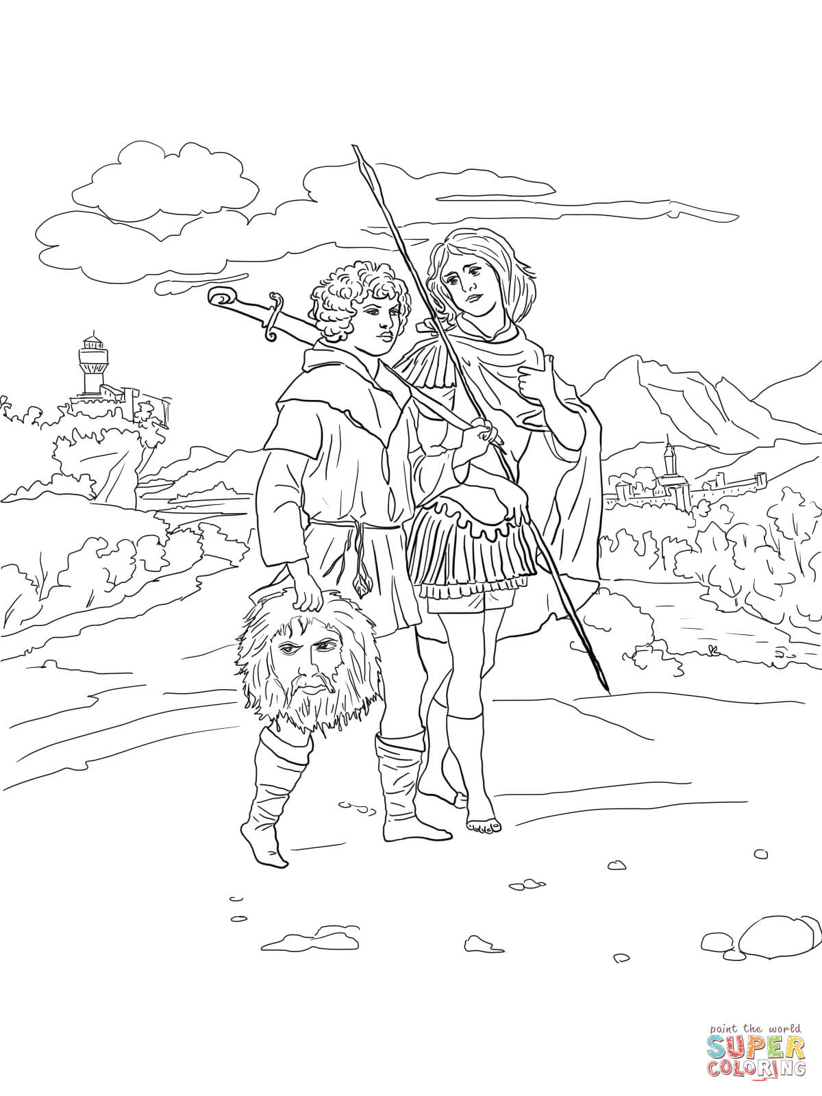 Jonathan and david with head of goliath coloring page free printable coloring pages