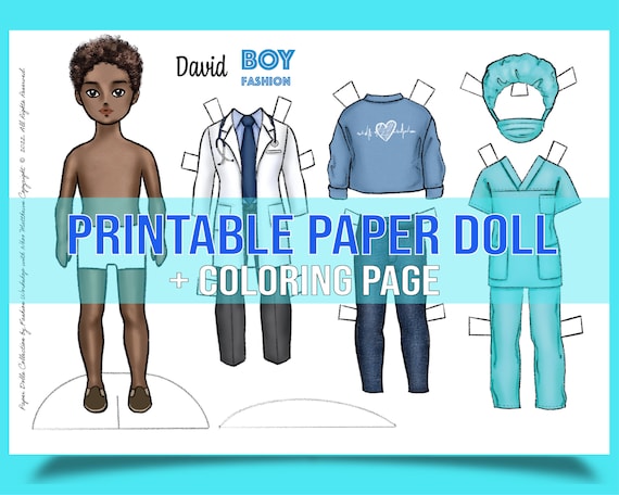 David the medical doctor boy printable paper doll with coloring page for fashion designdiy art hobby instant download high res jpeg files