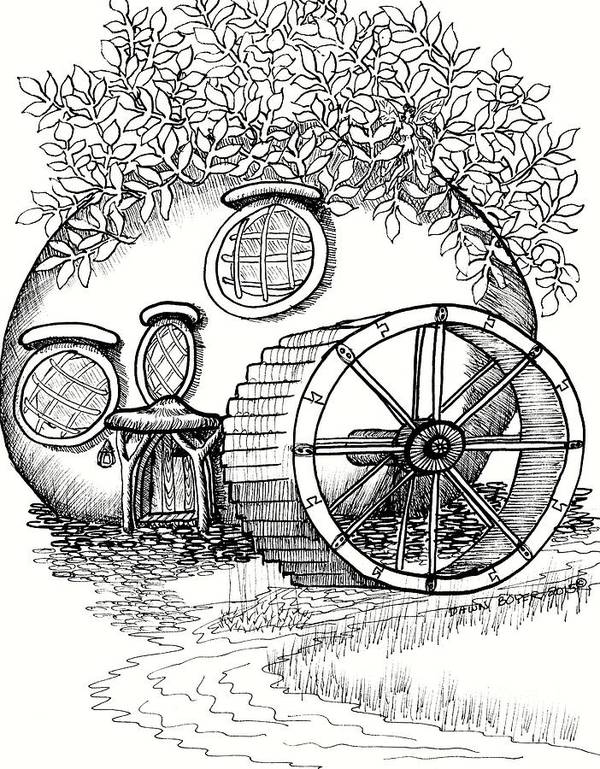 Round fairy house and waterwheet art print by dawn boyer