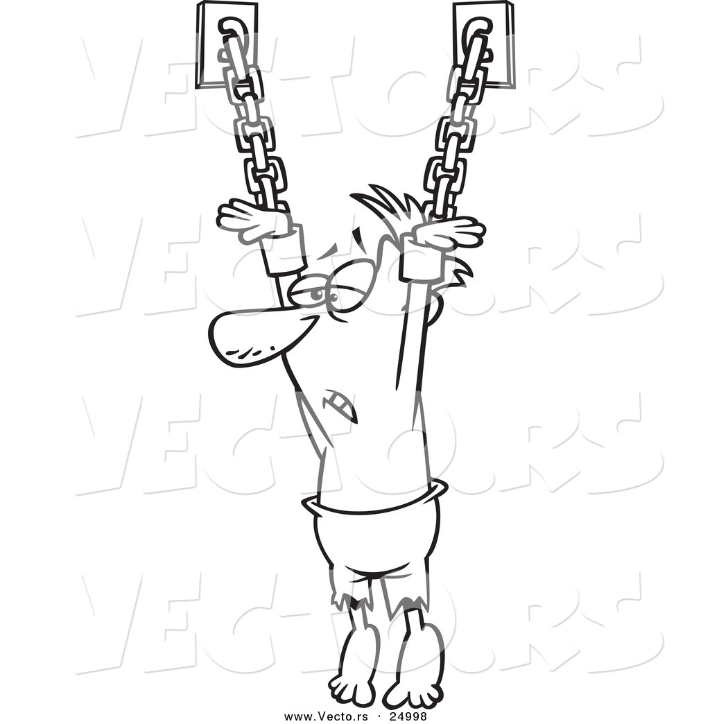 R of a cartoon male prisoner suspended from chains