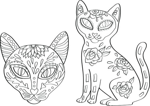 Set of black outline cats counturs mexican day of the dead illustration for coloring page vector