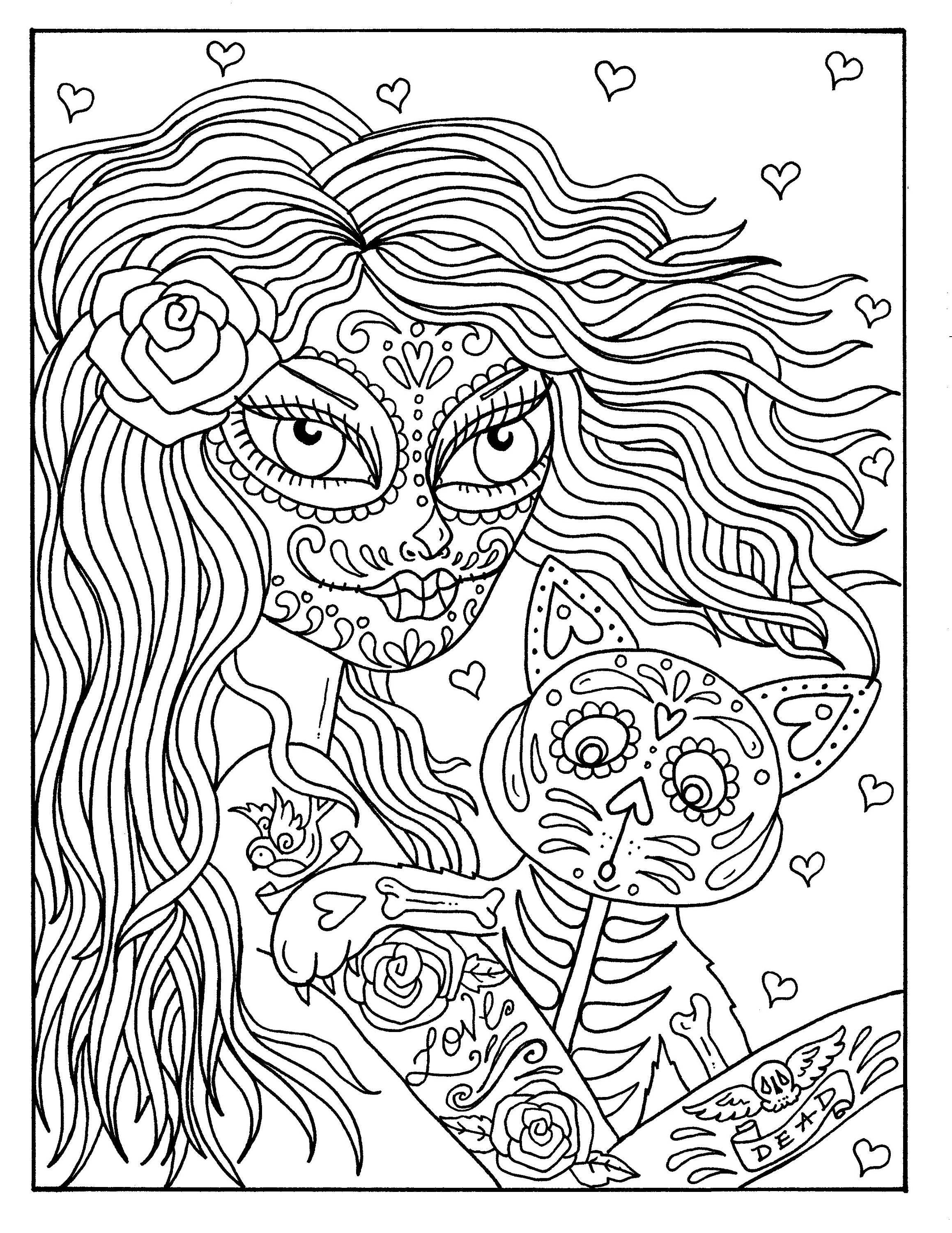 Digital book day of the dead girls skulls and pets coloring pages color book digi adult coloring