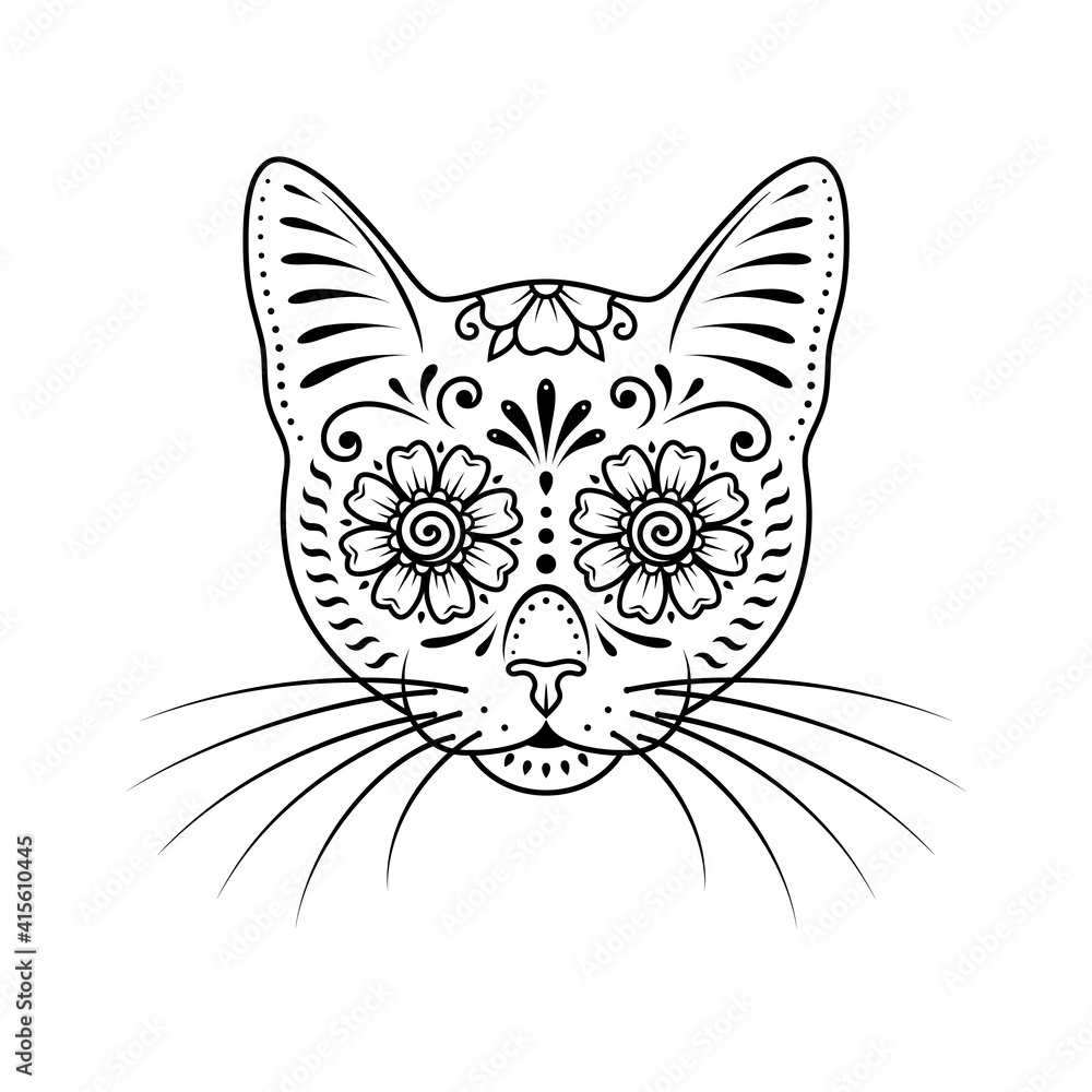 Ornamental cat portrait on white background stencil art stylized cat face cat pattern day of the dead painted cat head vector