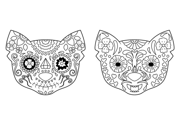 Premium vector two cat sugar skulls the day of the dead coloring book design element for poster card banner