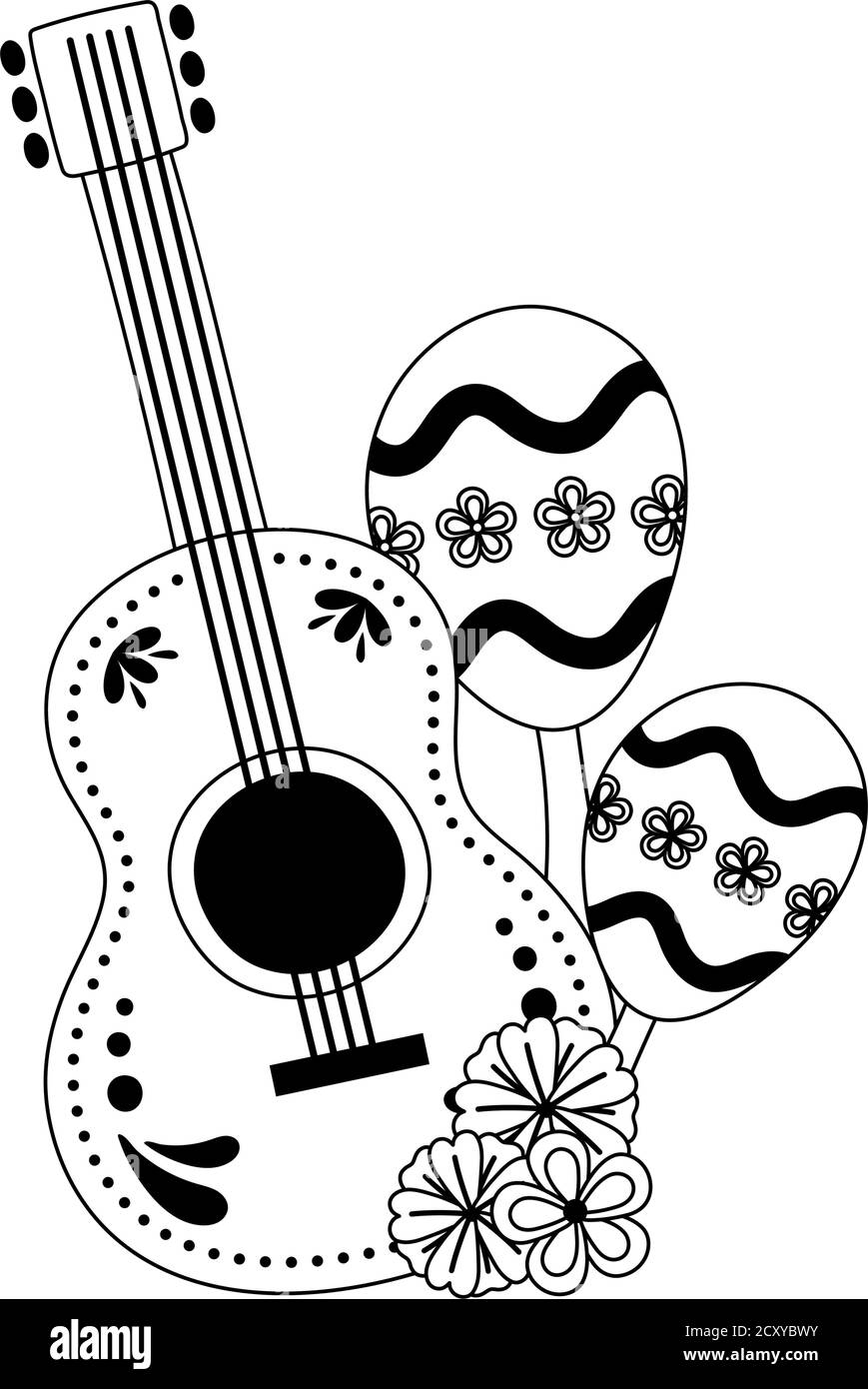 Day of the dead guitar maracas and flowers mexican celebration vector illustration line style stock vector image art
