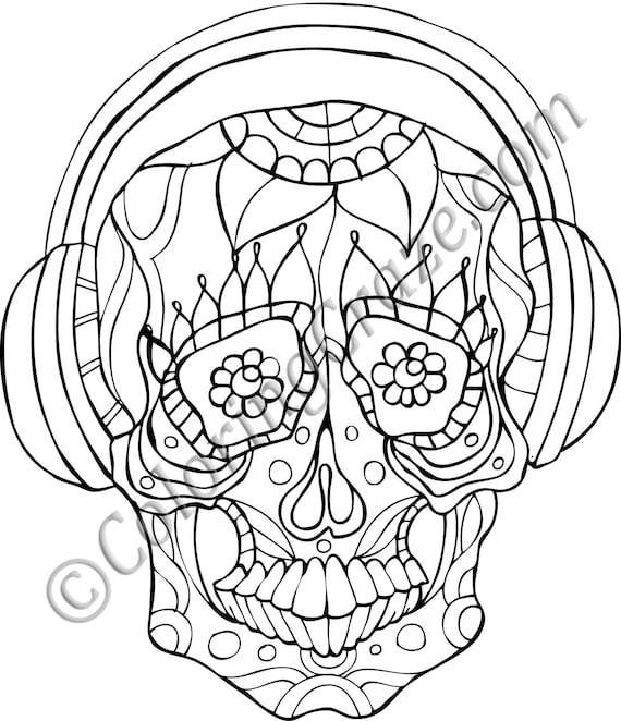 Day of the dead coloring page digital printable pdf illustration dia de los muertos art adult coloring books sugar skull headphone instant download