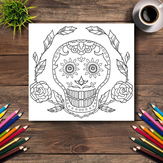 Day of the dead coloring page digital printable pdf illustration dia de los muertos art adult coloring books death skull flowers