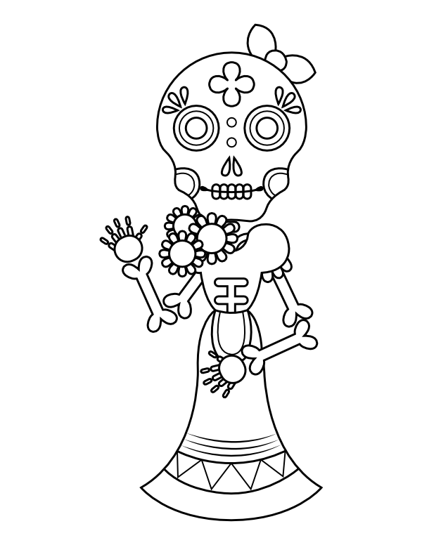 Printable female day of the dead skeleton coloring page