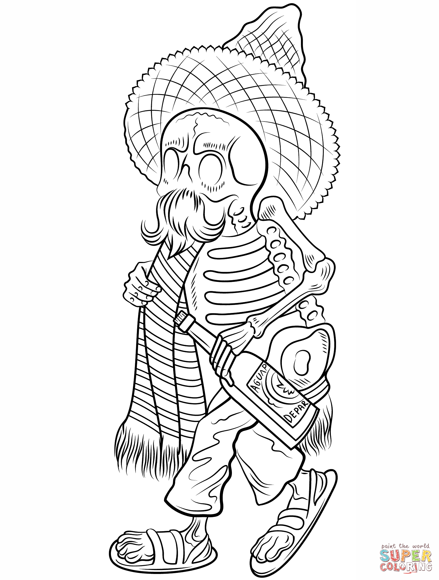 Day of the dead skeleton in poncho and sombrero coloring page free printable coloring pages