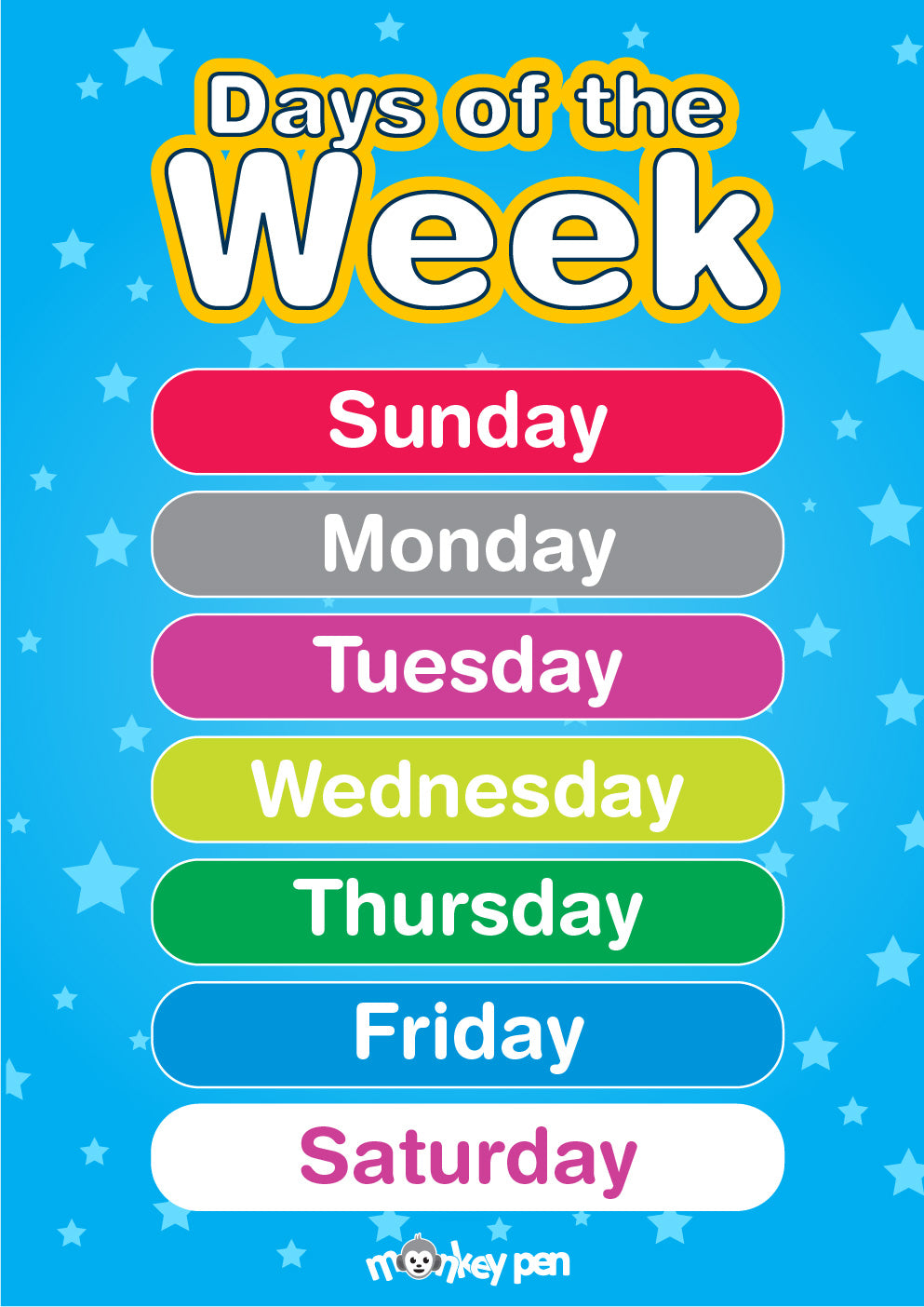 Free printable days of the week educational poster â monkey pen store