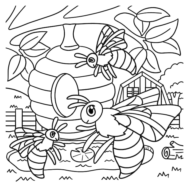 Premium vector bees with beehive coloring page for kids