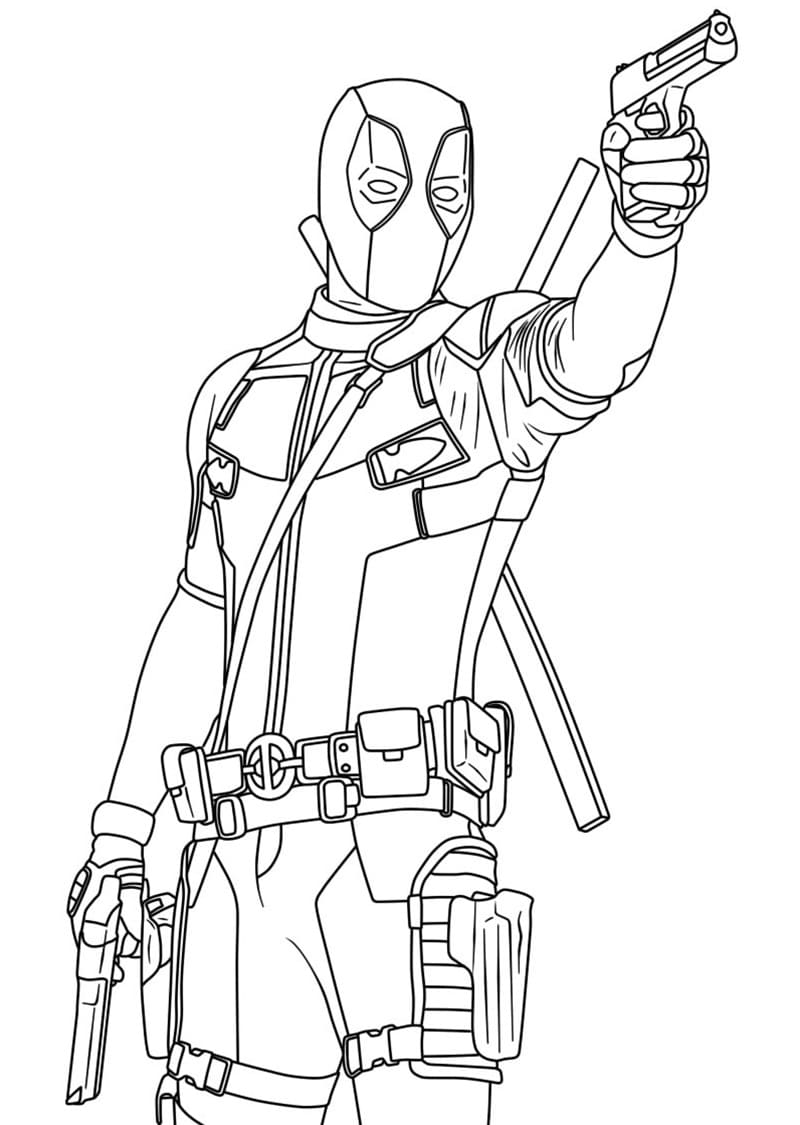 Deadpool with his gun coloring page