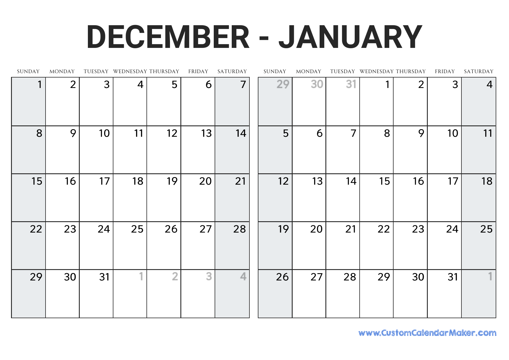 December and january printable calendar template