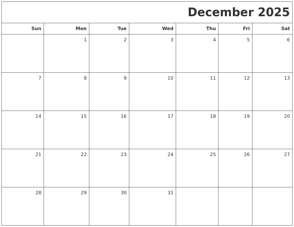 December printable blank calendar