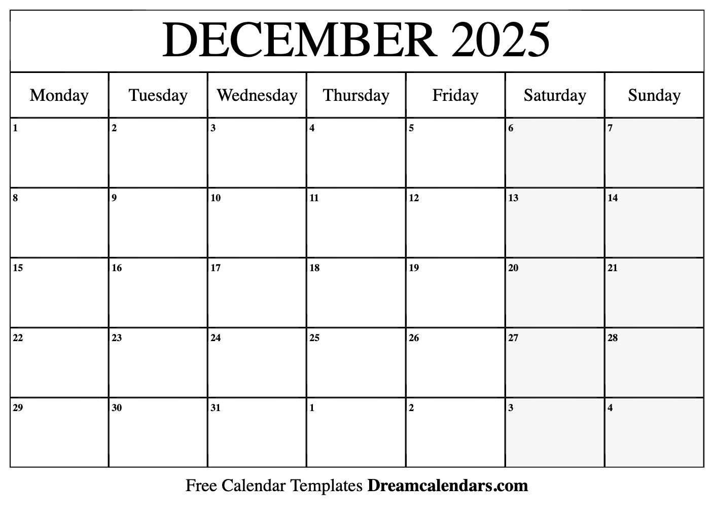 December calendar free blank printable with holidays