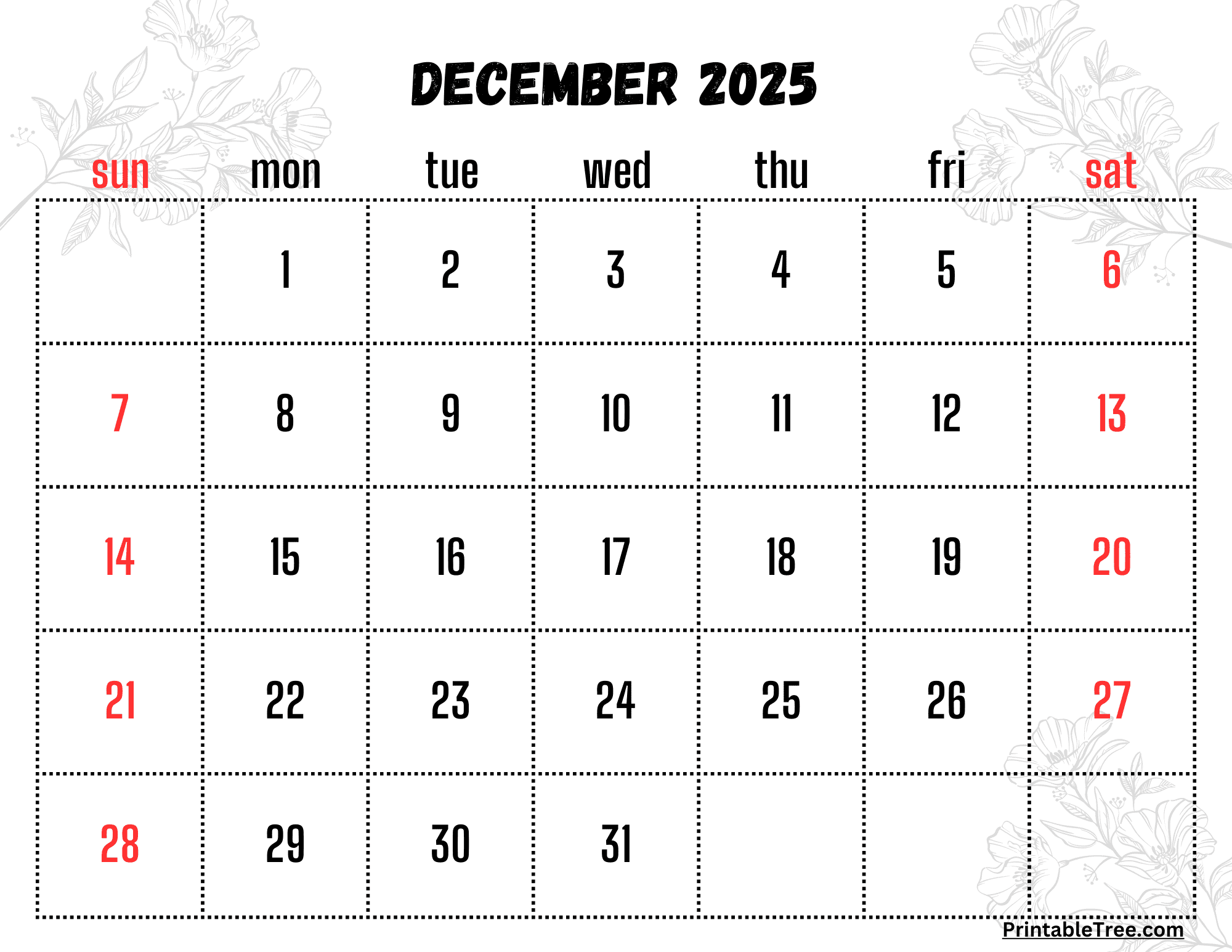 December calendar printable pdf template with holidays