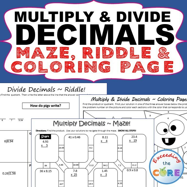 Multiply and divide decimals maze riddle coloring page by number activities