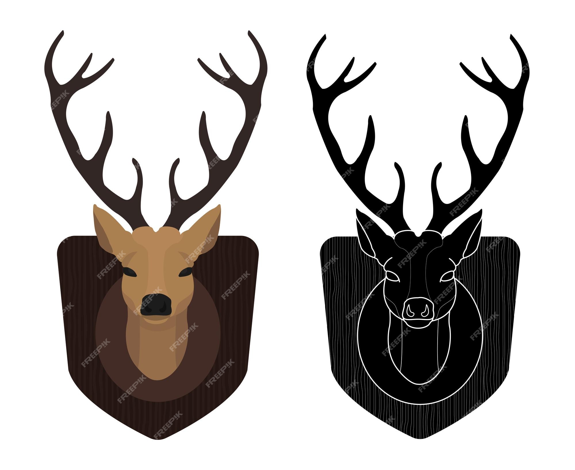 Premium vector hunting trophy stuffed taxidermy deer head with big antlers in wood shield color and black illustrations isolated on white vector