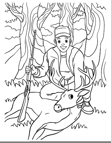 Deer hunting coloring page for kids stock illustration