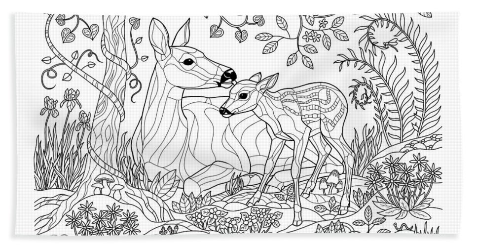 Deer fantasy forest coloring page bath towel by crista forest