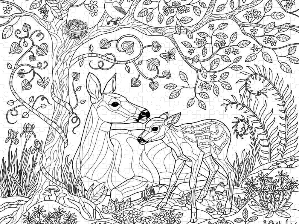 Deer fantasy forest coloring page jigsaw puzzle by crista forest