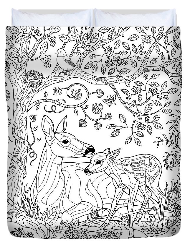 Deer fantasy forest coloring page duvet cover by crista forest