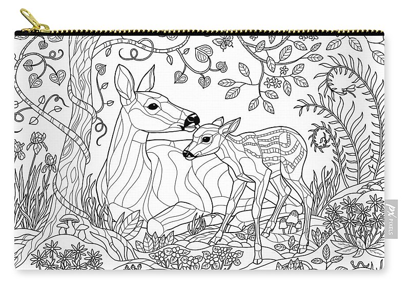 Deer fantasy forest coloring page zip pouch by crista forest