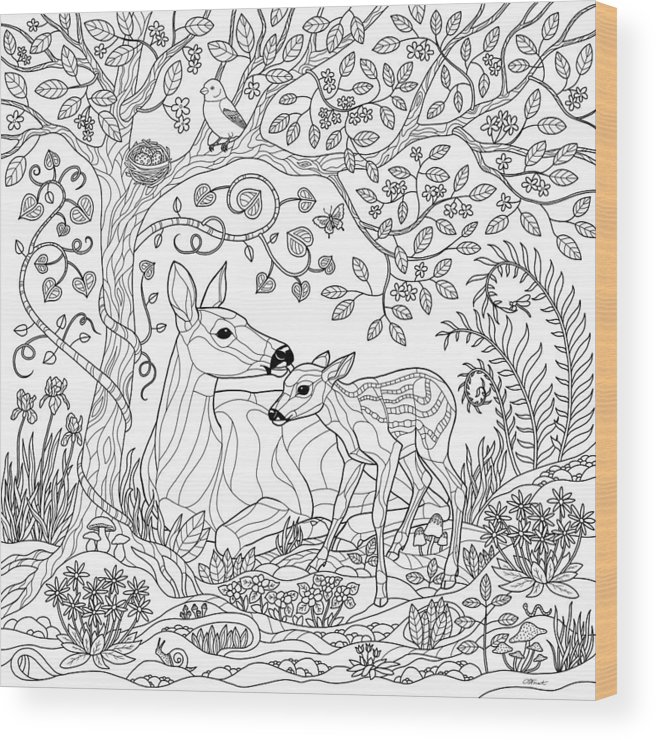 Deer fantasy forest coloring page wood print by crista forest