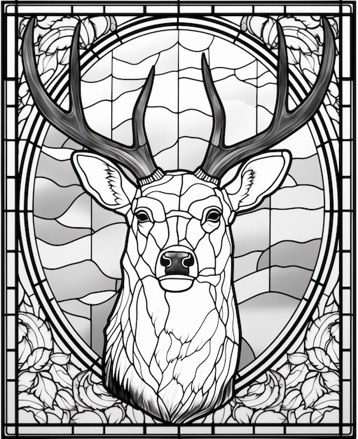 Premium ai image a black and white drawing of a deer head in a stained glass window generative ai