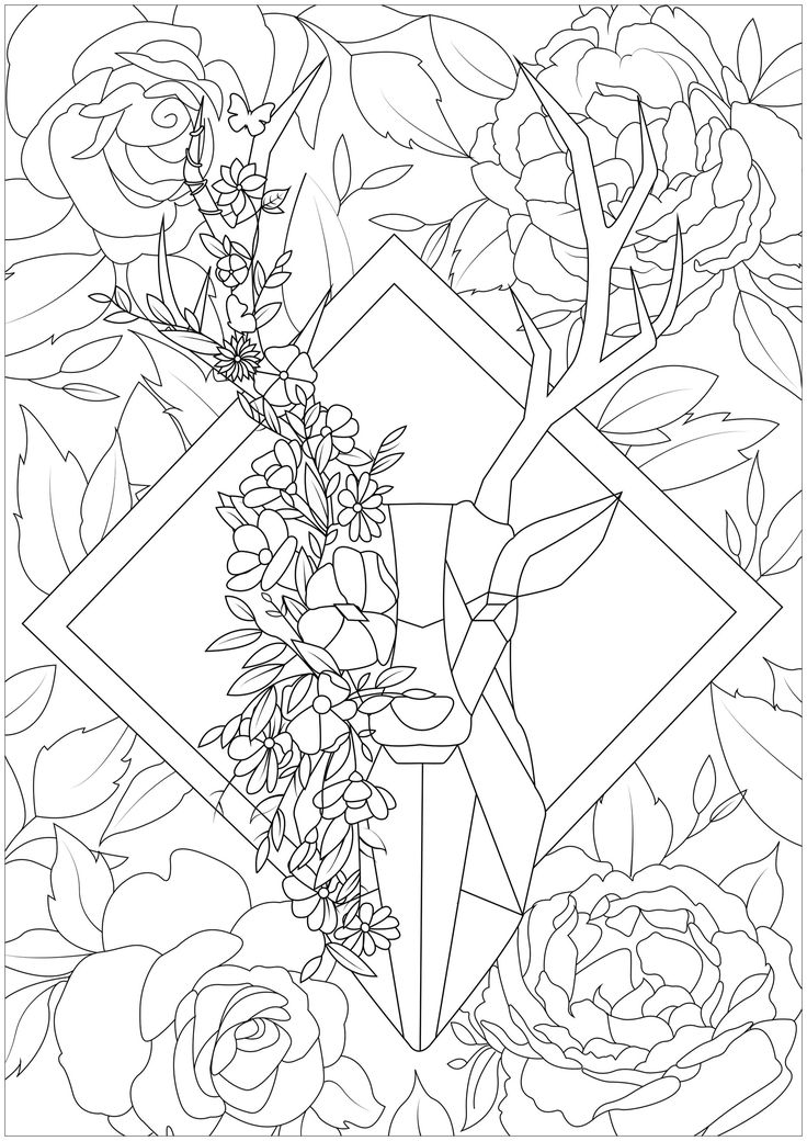 This geometrical deer seems to be in the middle of a forest full of flowers from the galleâ geometric coloring pages mandala coloring pages deer coloring pages