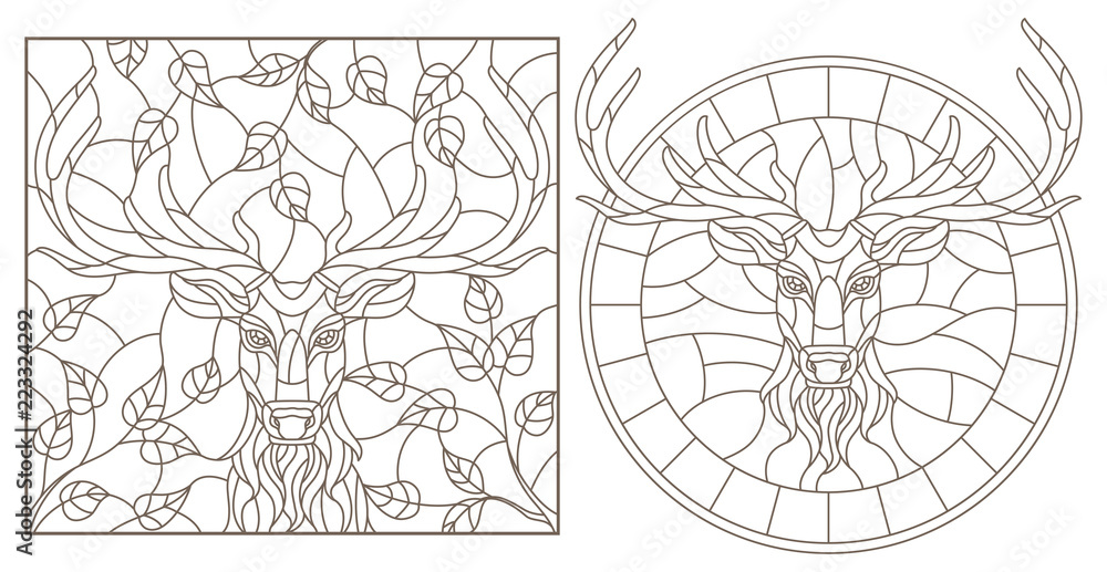 A set of contour illustrations of stained glass windows with a deer head round and rectangular image dark contours on a white background vector