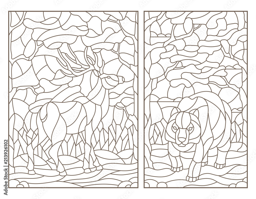 Set of contour illustrations of stained glass with a bear and deer on forest landscape background dark outlines on white background vector