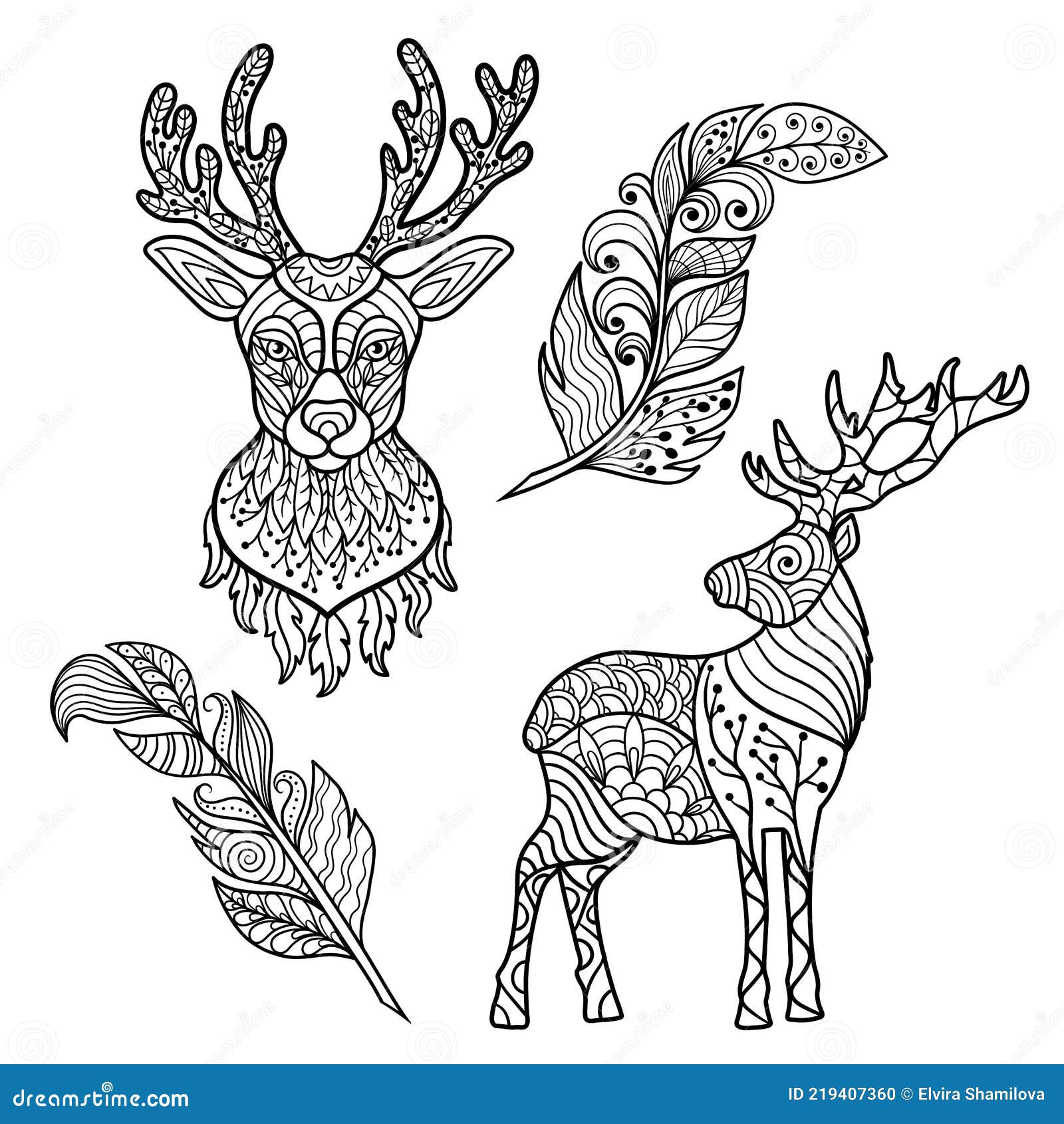 Abstract deer deer head and feathers in ethnic style coloring page stock illustration