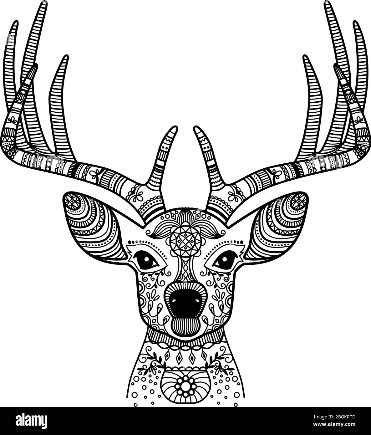 Hand drawn horned deer head with floral ornament vector illustration black image on white background stock vector image art