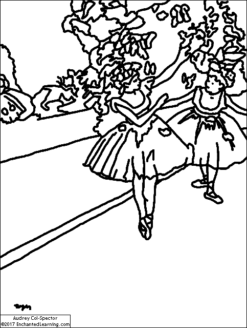 Two dancers on a stage coloring page