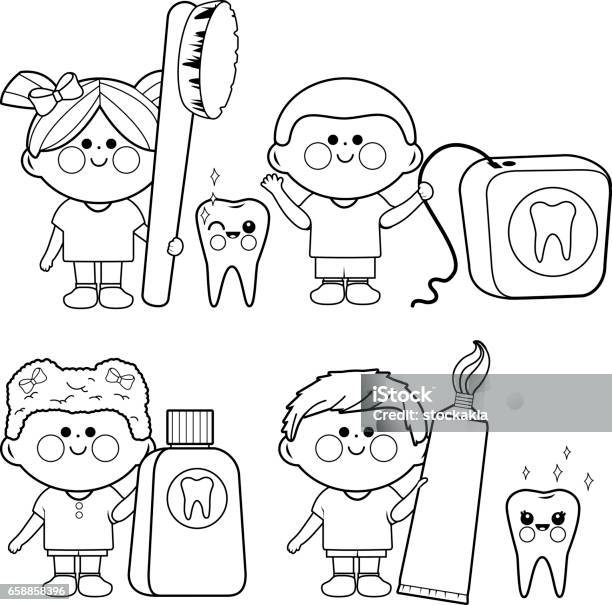 Kids dental vector set coloring book page stock illustration