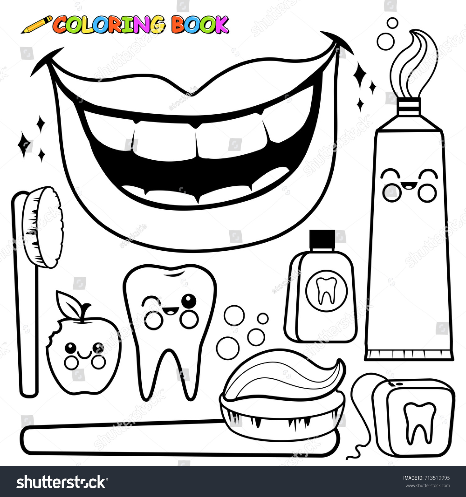 Dental hygiene set black white coloring stock illustration