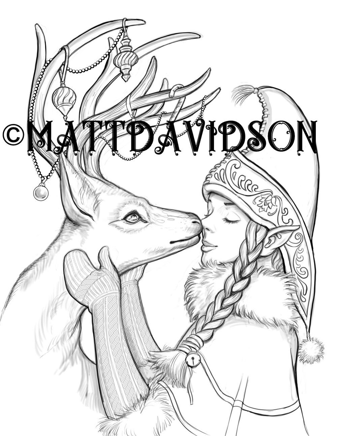 Christmas kisses fantasy coloring for adults reindeer elves winter coloring page christmas coloring page