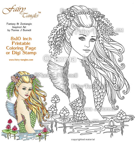 Water sprite mermaid fairy tangles printable coloring book sheets by norma j burnell mermaids to color digital adult coloring pages