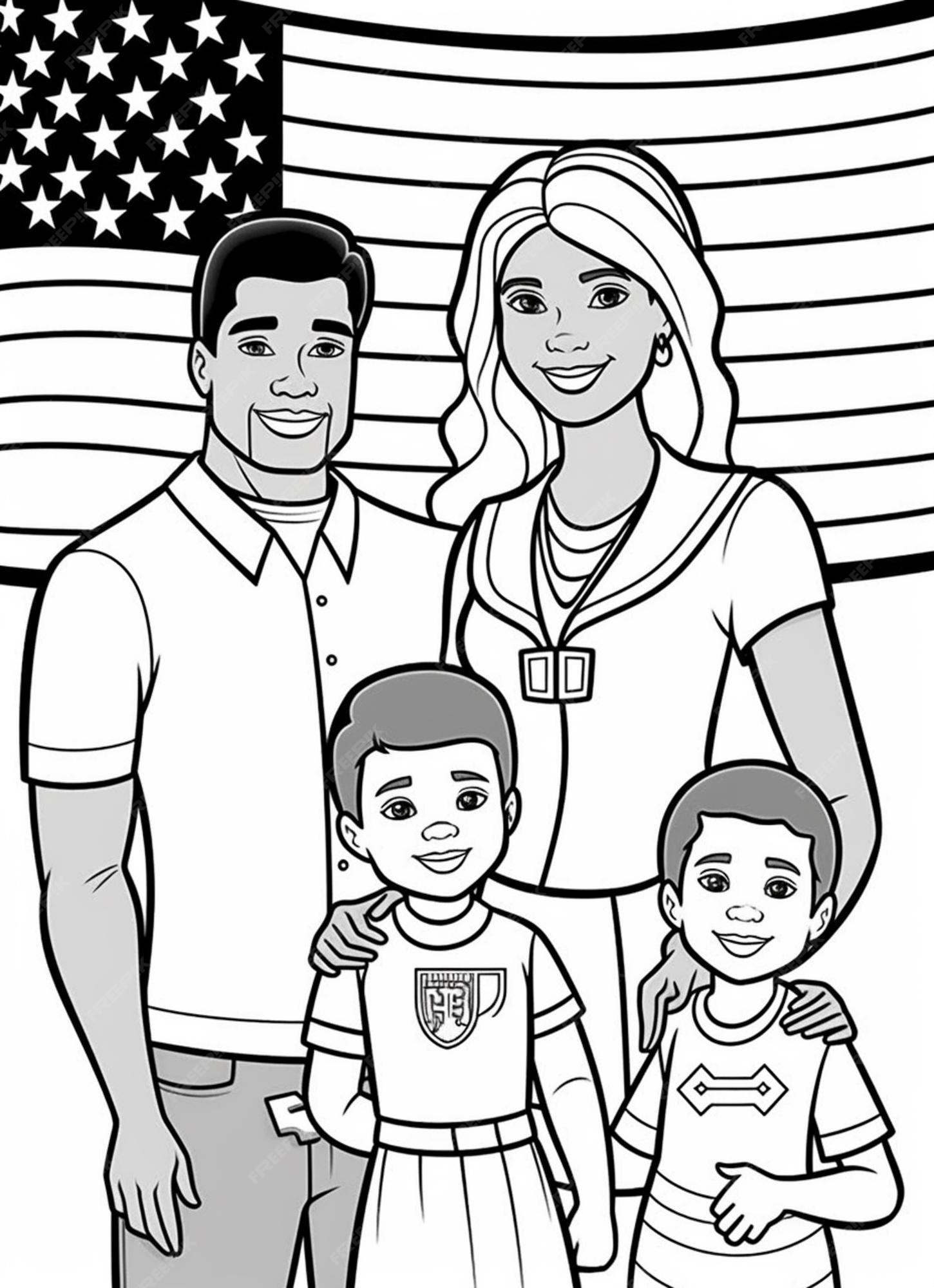 Um desenho em preto e anco de uma famãlia uma bandeira americana generativa ai foto premium