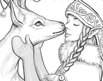 Christmas kisses fantasy coloring for adults reindeer elves winter coloring page christmas coloring page