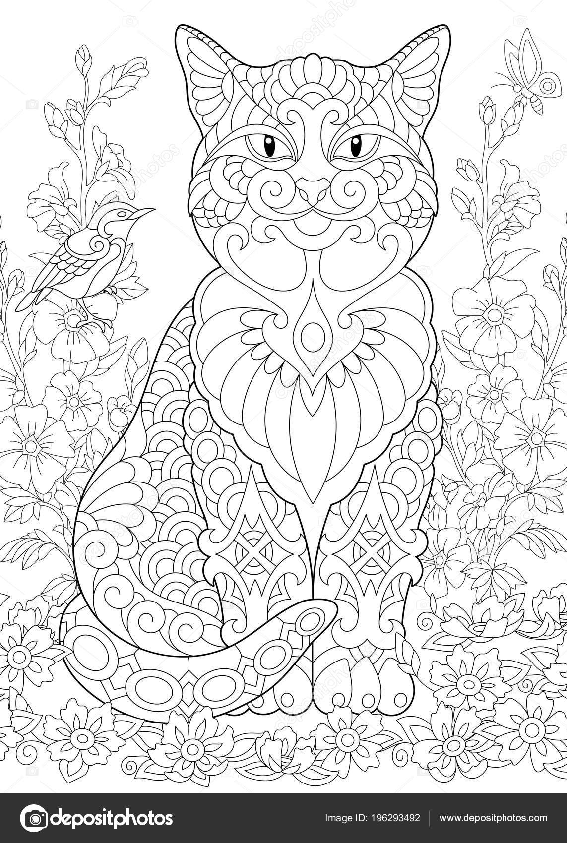 Gato jardim primavera pãgina para colorir idãia livro colorir adulto imagem vetorial de sybirko