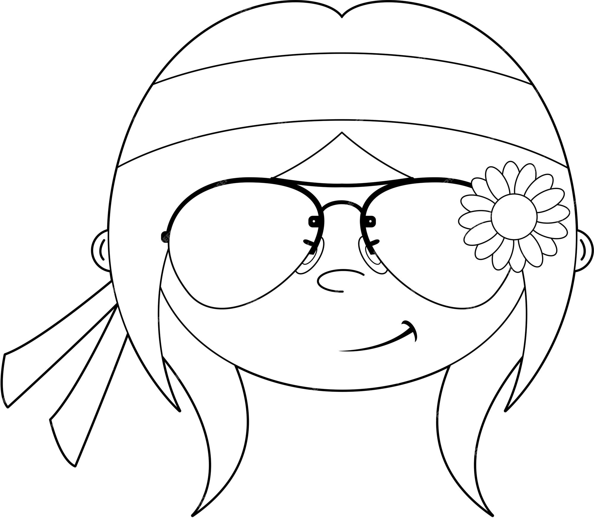 Personagem de menina hippie de desenho animado dos anos usando ãculos de sol aviator line art vetor premium