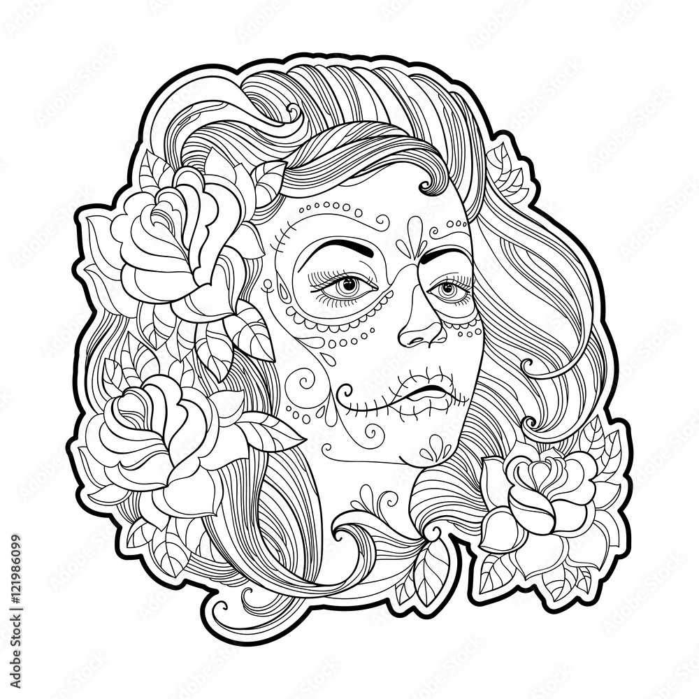 Vetor de girl face with sugar skull or calavera catrina makeup and roses isolated on white vector illustration for mexican day of the dead or dia de los muertos design for coloring