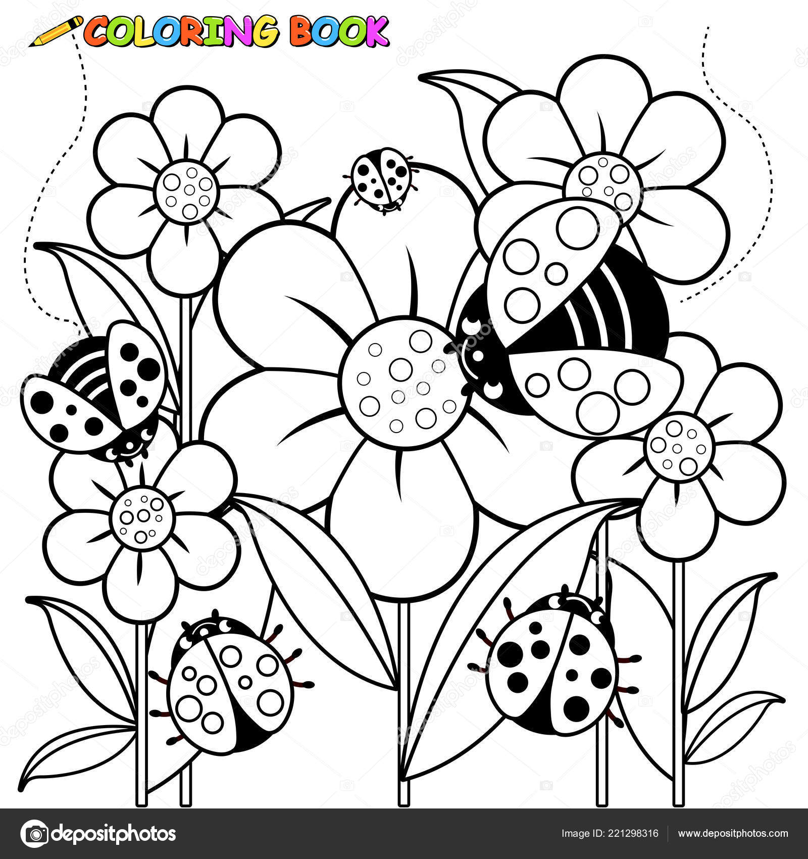 Joaninhas e flores pãgina de livro para colorir preto e branco imagem vetorial de stockakia