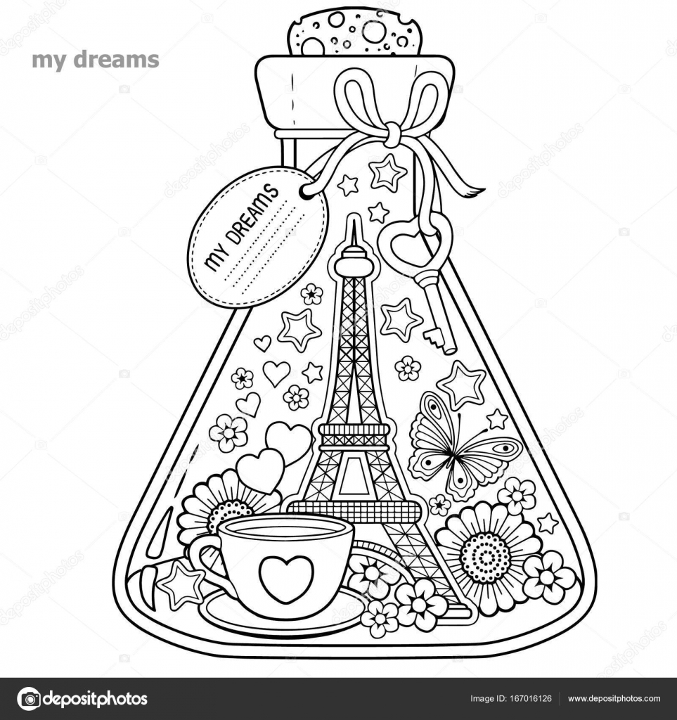 Vector colorir livro para adultos um recipiente de vidro sonhos de viajar para parisa garrafa borboleta joaninha folhas xãcara de cafã valentines e torre eiffel imagem vetorial de natasha