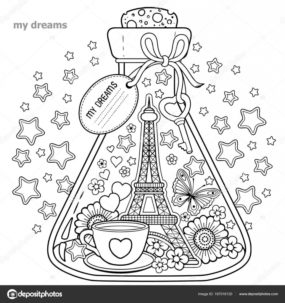 Vector colorir livro para adultos um recipiente de vidro sonhos de viajar para parisa garrafa borboleta joaninha folhas xãcara de cafã valentines e torre eiffel imagem vetorial de natasha