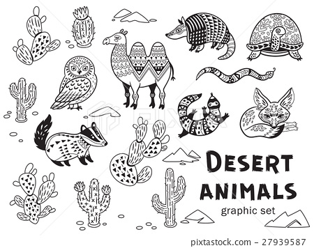 Black and white set of desert animals
