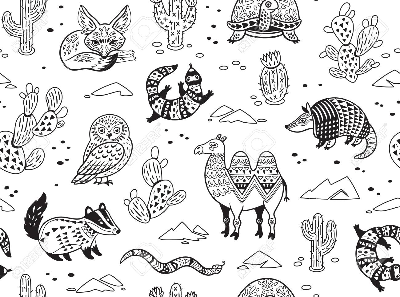Outline seamless pattern of desert animals with ethnic tribal ornaments vector ornamental illustration in ethnic tribal style for children coloring pages royalty free svg cliparts vectors and stock illustration image