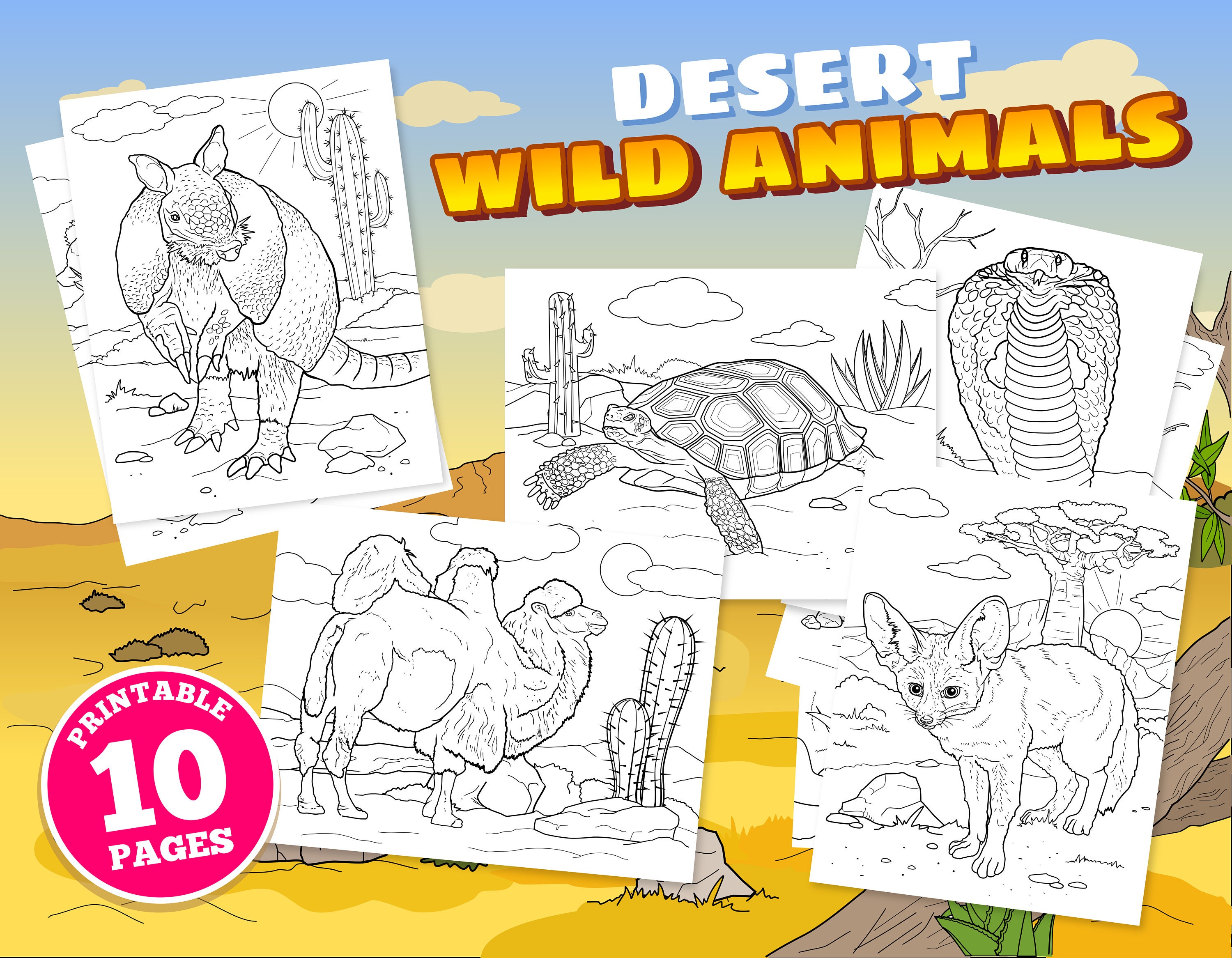 Desert wild animals digital coloring pages snakes printable pdf instant download unique illustrations desert art animals coloring book